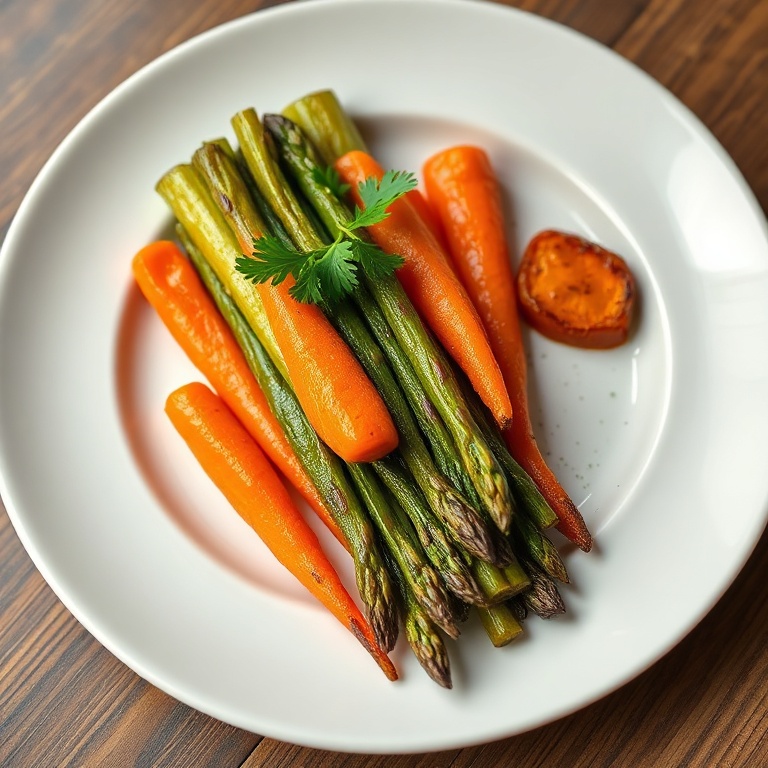 Perfectly plated roasted asparagus and carrots. Topped with parsley. White ceramic plate with warm side lighting showing texture.