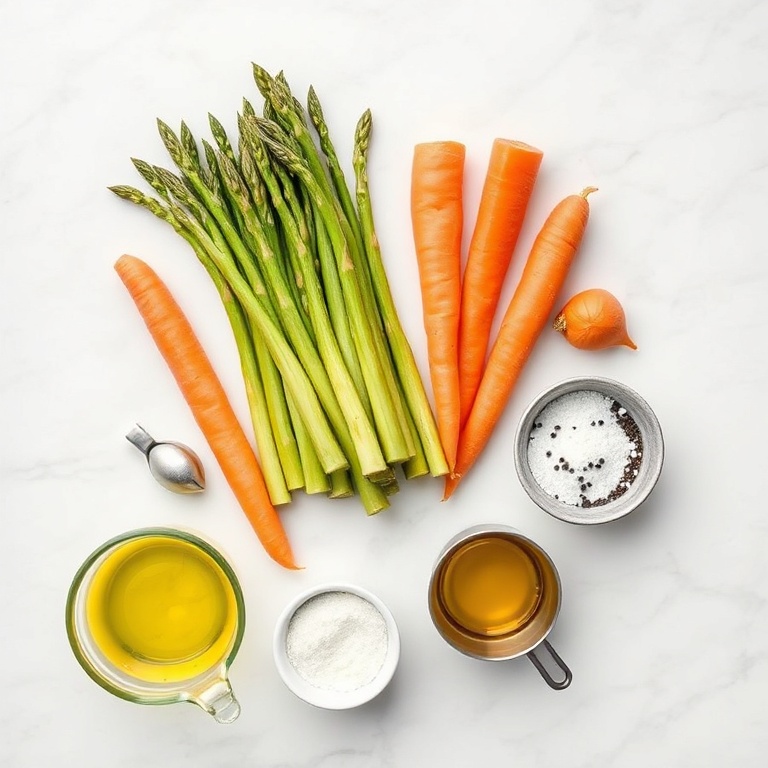 Raw asparagus, carrots, olive oil, garlic, salt, and pepper arranged in an overhead flat lay. Measuring spoons and cups visible. White marble surface.