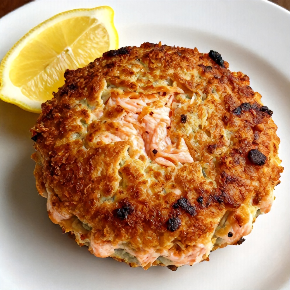 Salmon cake on a plate with lemon wedge