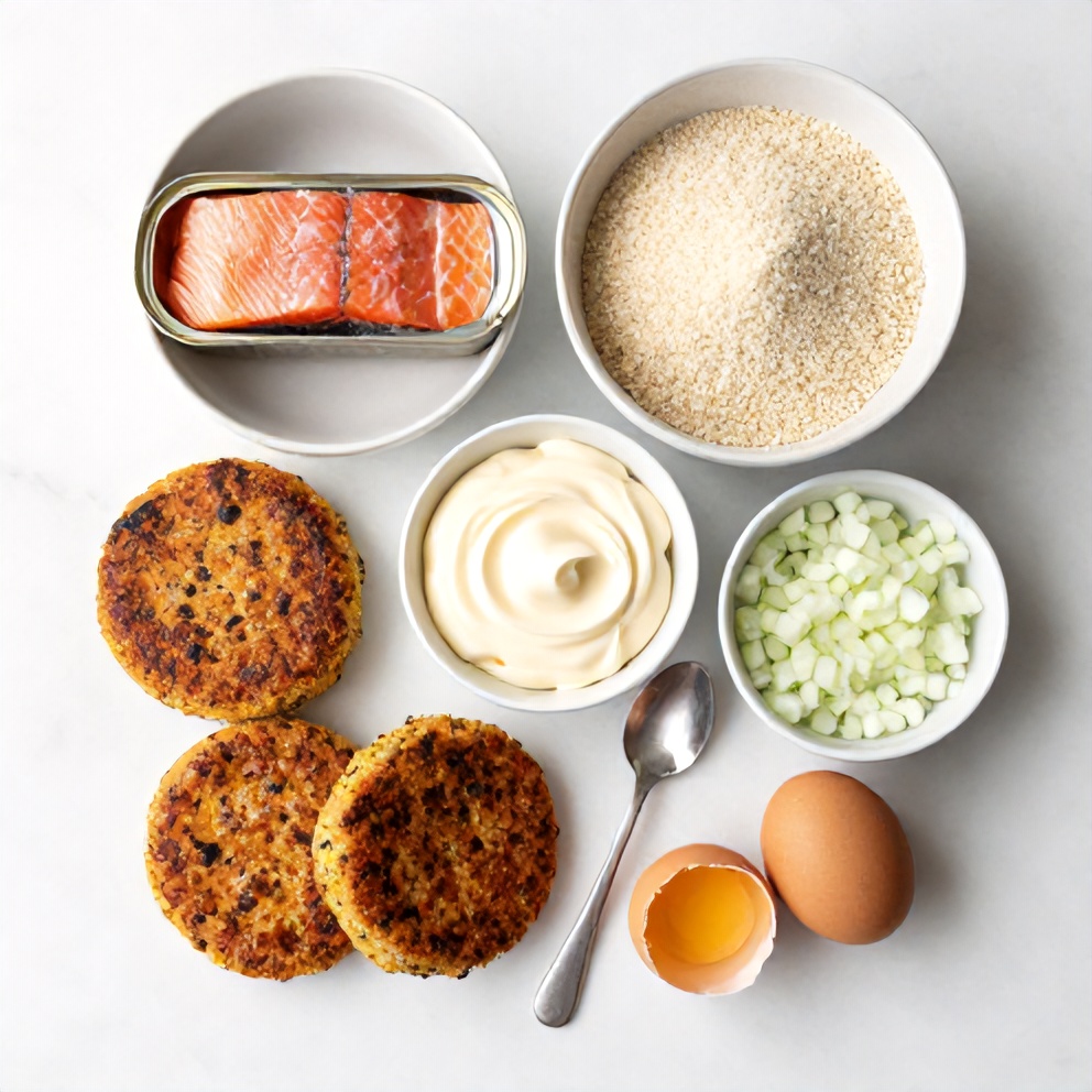 Raw ingredients for salmon cakes on a marble surface