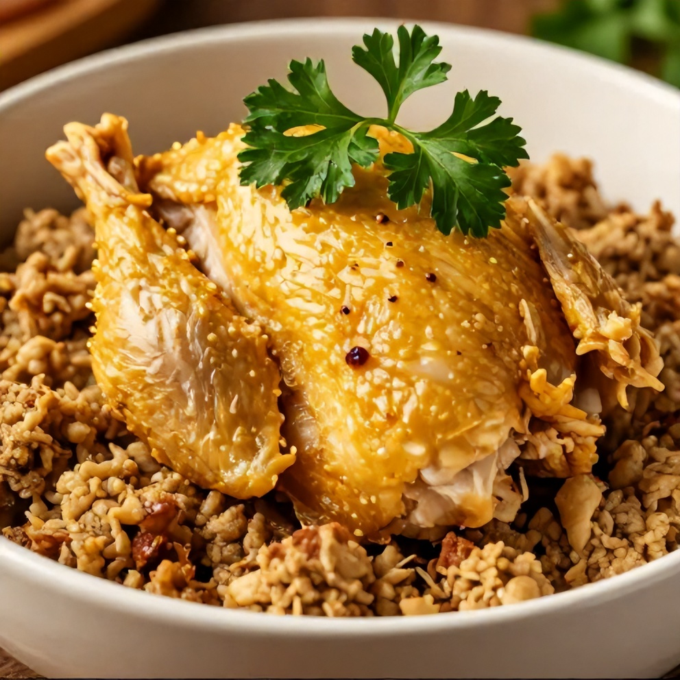 Golden chicken and stuffing in a bowl with herbs on top