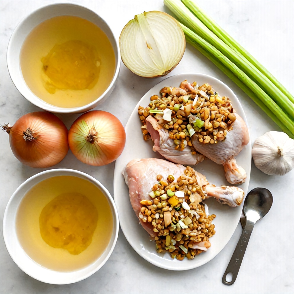 Chicken, stuffing mix, onions, celery, garlic, and broth in a flat lay