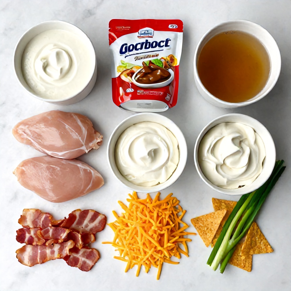 Raw ingredients for Crock Pot Crack Chicken arranged on a marble surface