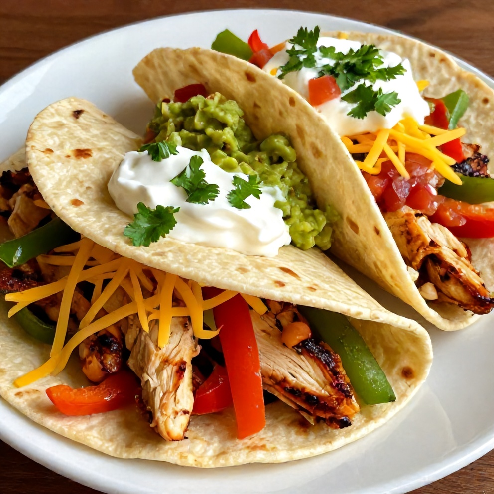 Plated Easy Crockpot Chicken Fajitas with tortillas and toppings