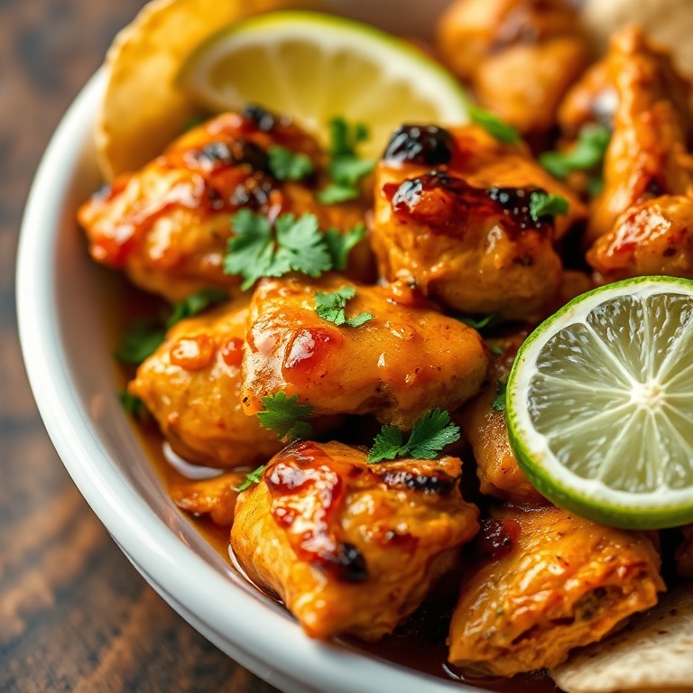 Perfectly plated chicken fajitas with cilantro and lime. Close crop showing saucy texture. White ceramic plate. Warm side lighting.
