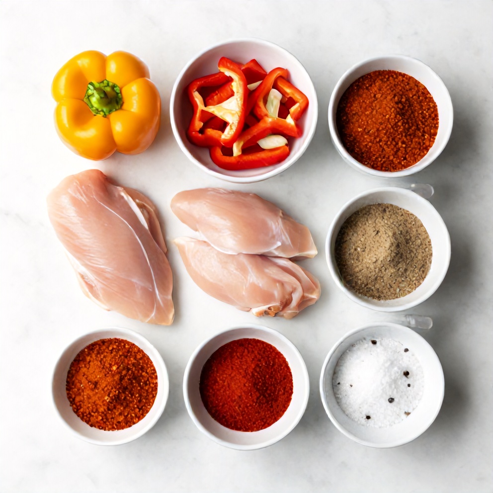 Raw ingredients for Crockpot Chicken Fajitas laid out on a marble surface