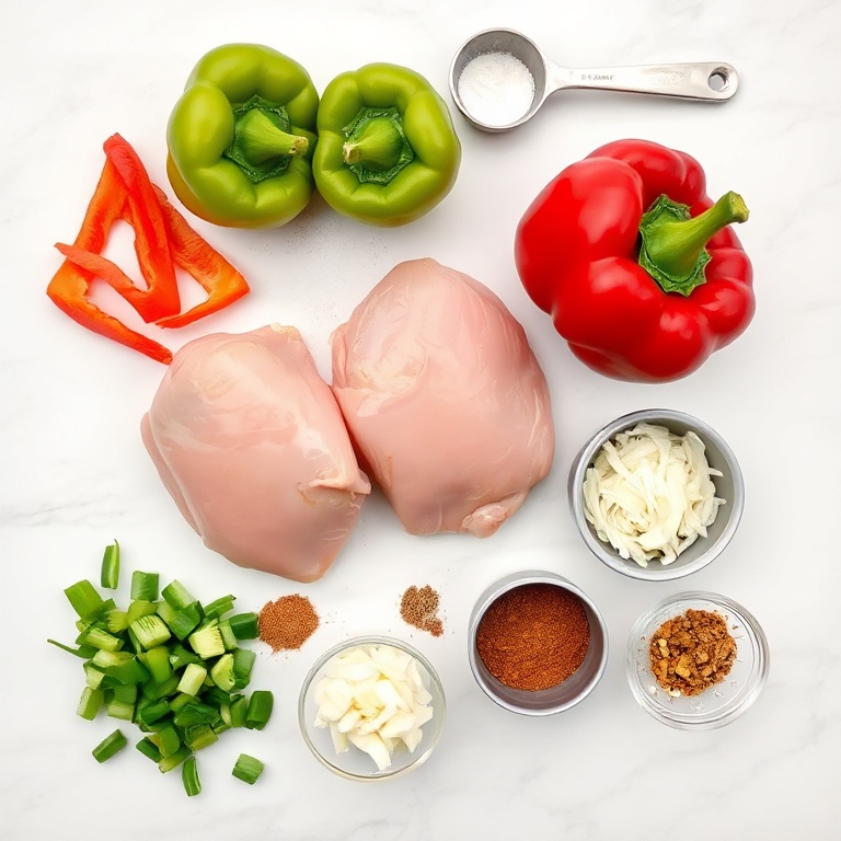 Raw chicken, bell peppers, onions, garlic, and fajita seasonings arranged as an overhead flat lay. Measuring spoons and cups visible. White marble surface. Bright even light.