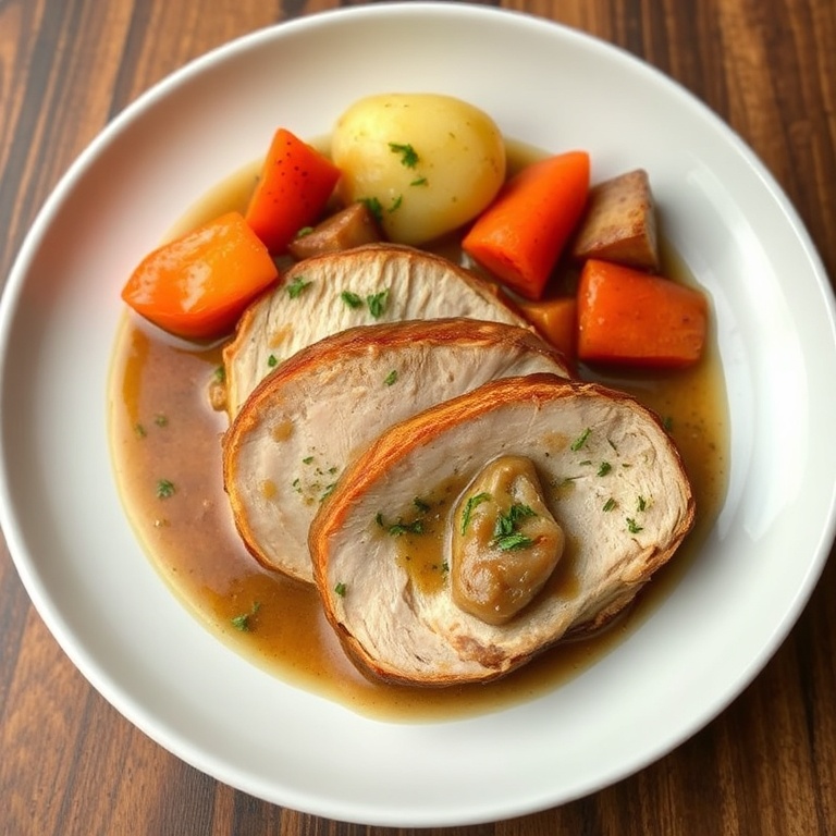 Sliced chicken pot roast on a white plate with gravy, carrots, and potatoes, garnished with fresh herbs.