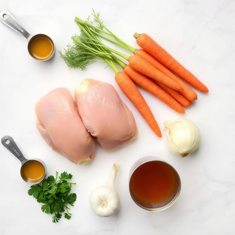 Raw ingredients for chicken pot roast: chicken thighs, carrots, potatoes, onions, garlic, herbs, and broth arranged in a flat lay on a white marble surface with measuring tools.