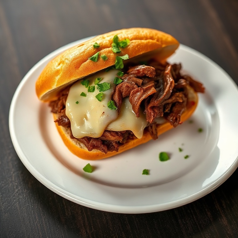 Served French dip sandwich on a white dinner plate, topped with fresh chopped parsley next to a ramekin of warm au jus for dipping.