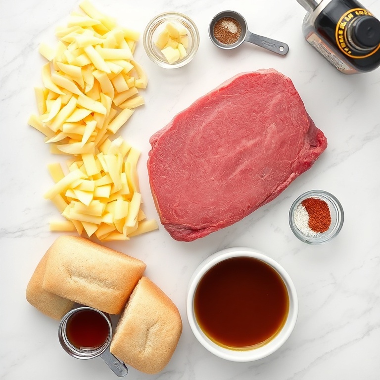 Overhead view of raw chuck roast, hoagie rolls, onion, provolone cheese slices, and beef broth for crockpot French dip. Measuring spoons and prep bowls surround ingredients.