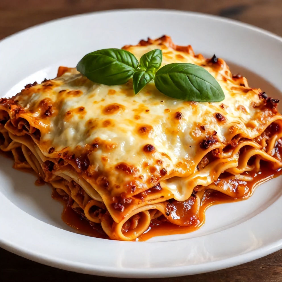 Plated serving of Easy Crockpot Lasagna with fresh basil