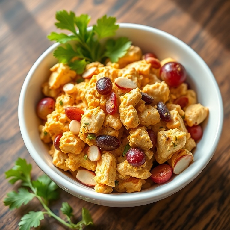 Curry chicken salad with grapes and almonds in a white bowl