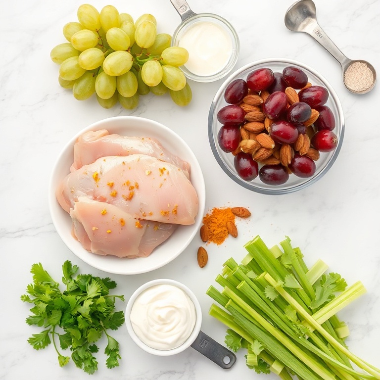 Raw ingredients for curry chicken salad: chicken, grapes, almonds, curry powder, mayonnaise, and celery