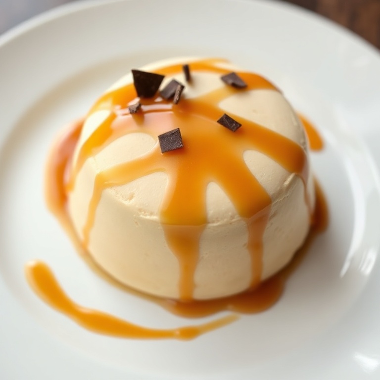 A perfectly plated dulce de leche mousse with a drizzle of caramel sauce. Served on a white porcelain plate.