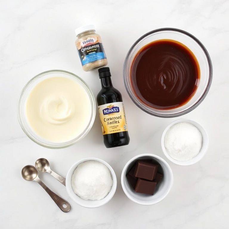 All the raw ingredients for dulce de leche mousse arranged in a flat lay. Cream, condensed milk, vanilla, chocolate, and sugar visible.