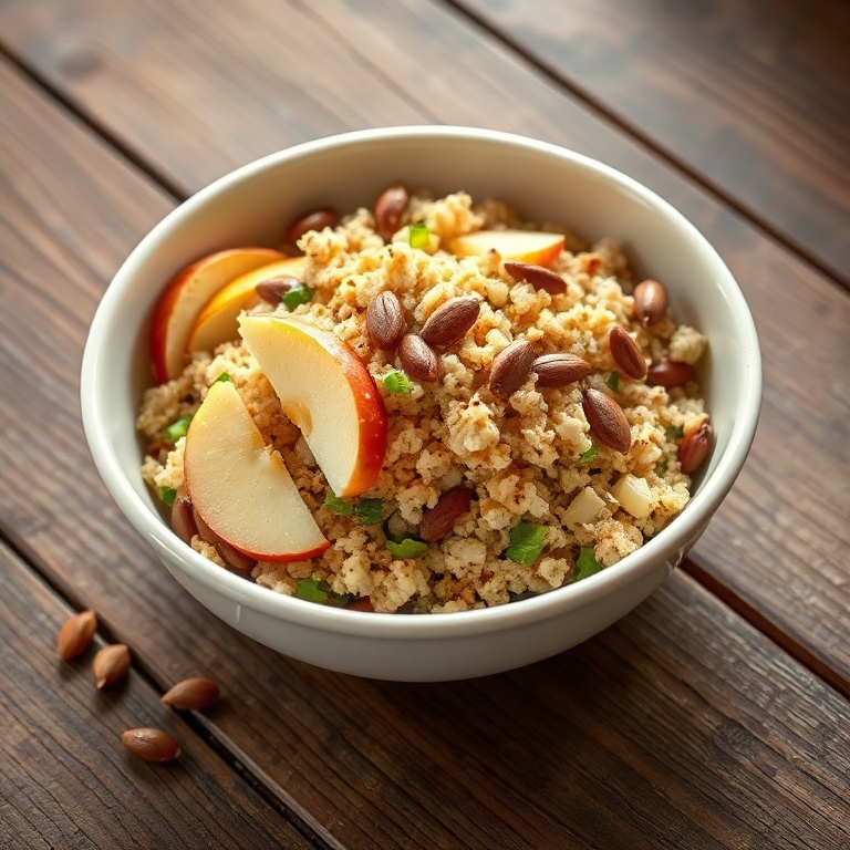 Quinoa salad in a white bowl with apple slices and pumpkin seeds on a rustic wooden table