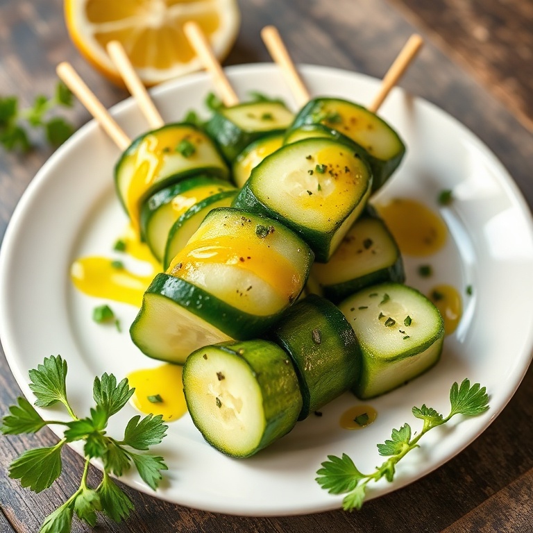 Cucumber skewers served on a white plate with fresh herbs. Glistening with olive oil and a zesty lemon drizzle.