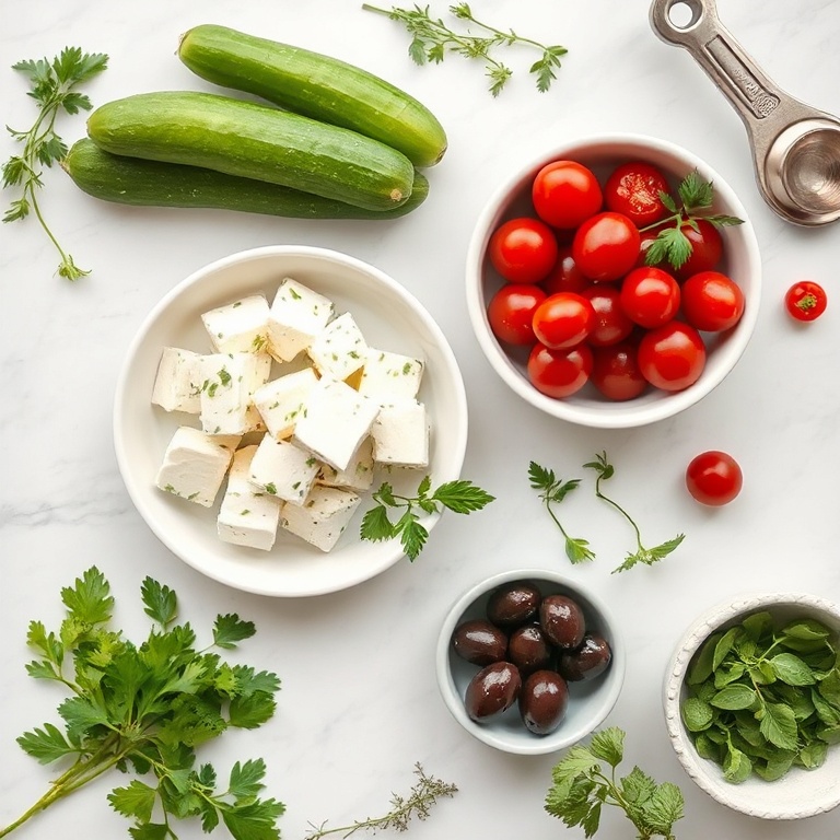 Fresh cucumbers, feta cheese, cherry tomatoes, olives, and herbs arranged in a flat lay. Measuring tools and bowls nearby.