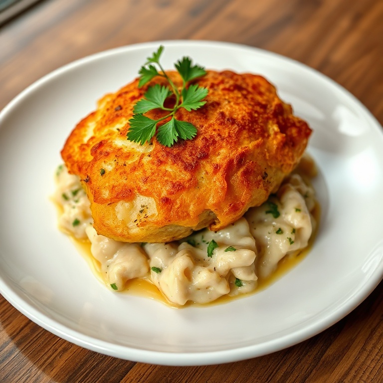 Plated chicken bake with crispy top. Garnished with fresh parsley. White ceramic plate. Warm side lighting. Photorealistic food photo.