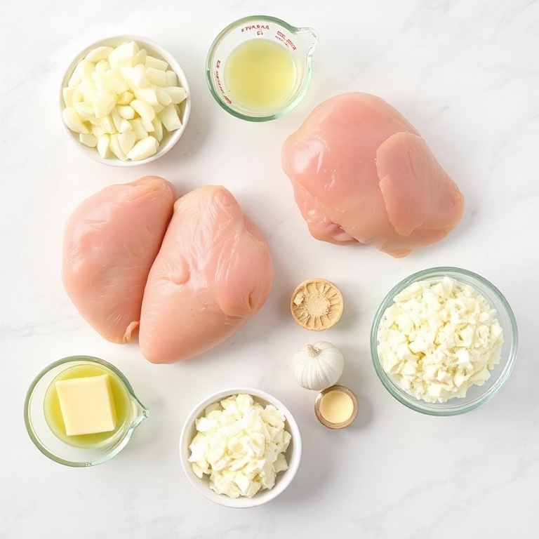 Raw ingredients for French onion chicken bake. Chicken thighs, onions, garlic, butter, and cheese. Measuring cups and bowls visible. White marble surface. Bright light.