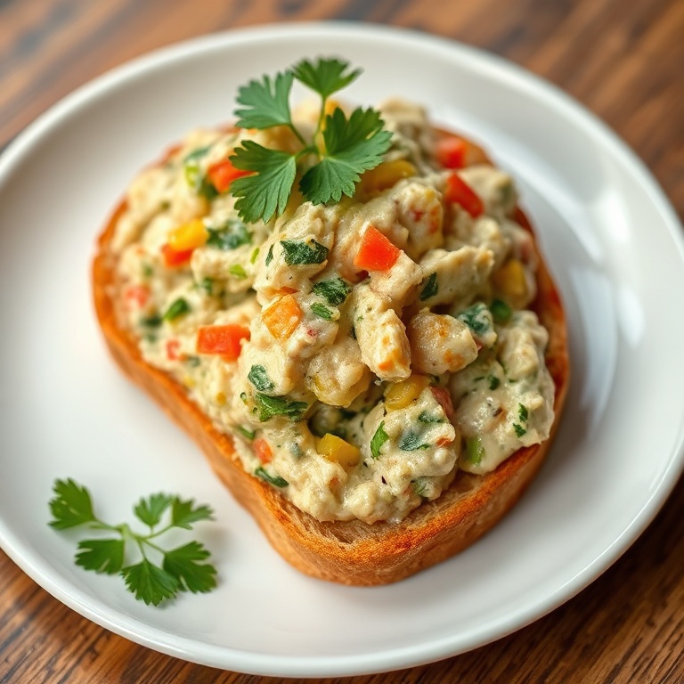 One serving of garden vegetable spread on rye toast with parsley garnish on a white plate, creamy and chunky veggie bits shown in warm side lighting.