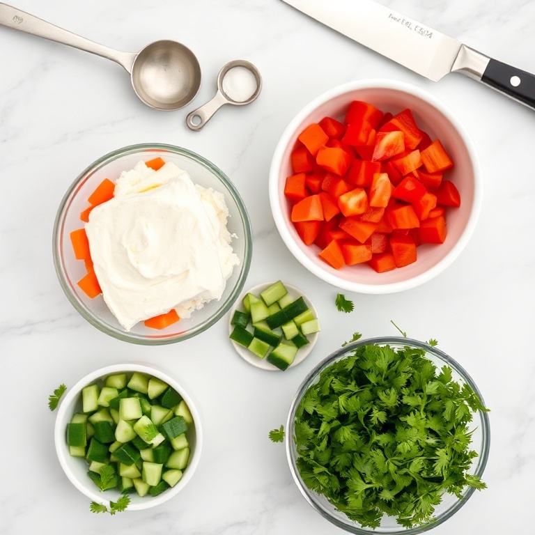 Overhead flat lay of chopped carrots, red bell pepper, cream cheese block, fresh parsley, and cucumber for homemade garden vegetable spread. Measuring spoons and bowls visible.