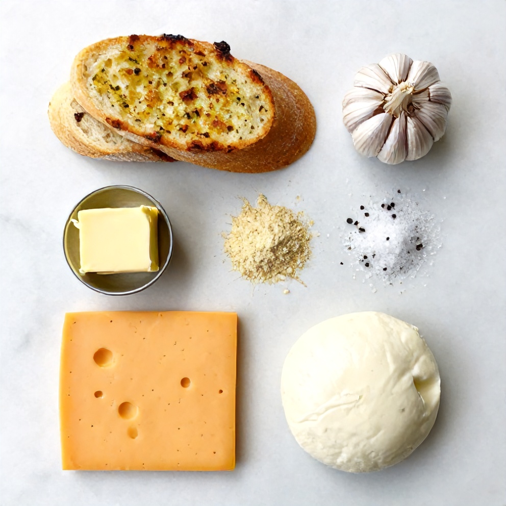 Bread, garlic, butter, cheese, and other ingredients for garlic bread grilled cheese