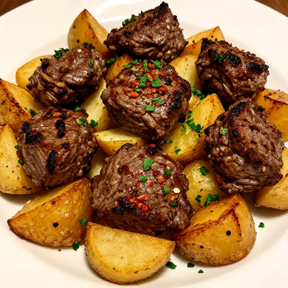 Plated Garlic Butter Steak Bites with Potatoes