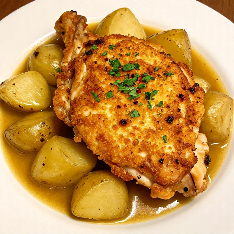 Finished Easy Garlic Parmesan Chicken and Potatoes