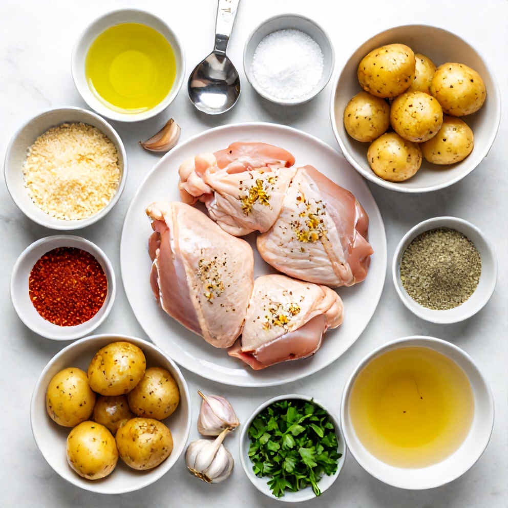 Raw ingredients for Easy Garlic Parmesan Chicken and Potatoes