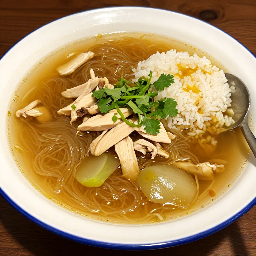 One perfect serving of Easy Ginger Scallion Chicken Noodle Soup plated, with a side of steamed rice and a drizzle of sesame oil