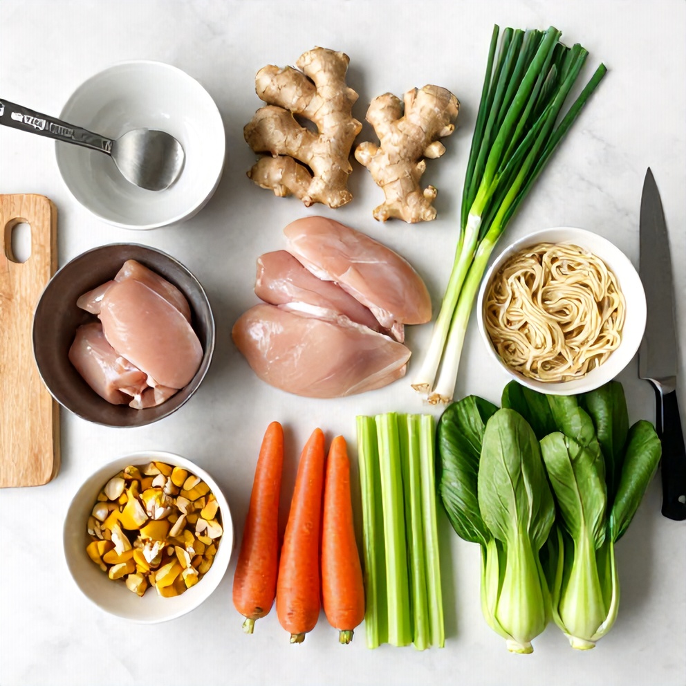 Raw ingredients for Easy Ginger Scallion Chicken Noodle Soup arranged in an overhead flat lay, including chicken breasts, ginger, scallions, noodles, and vegetables