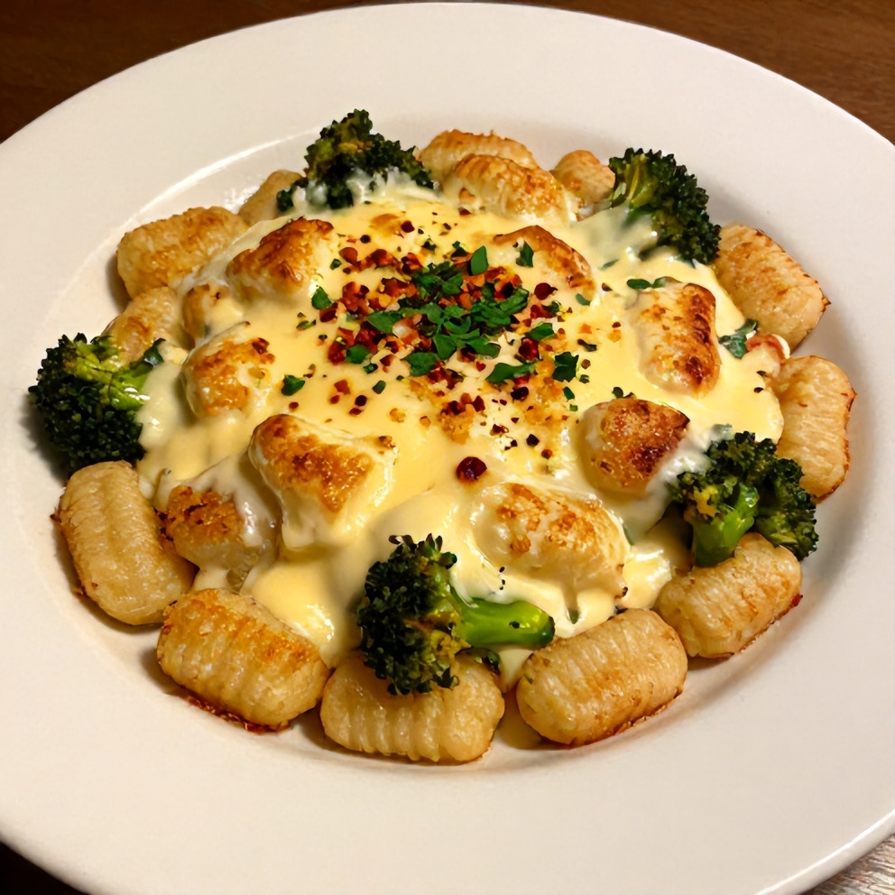 Gnocchi and Broccoli Bake with Creamy Cheese Sauce plated