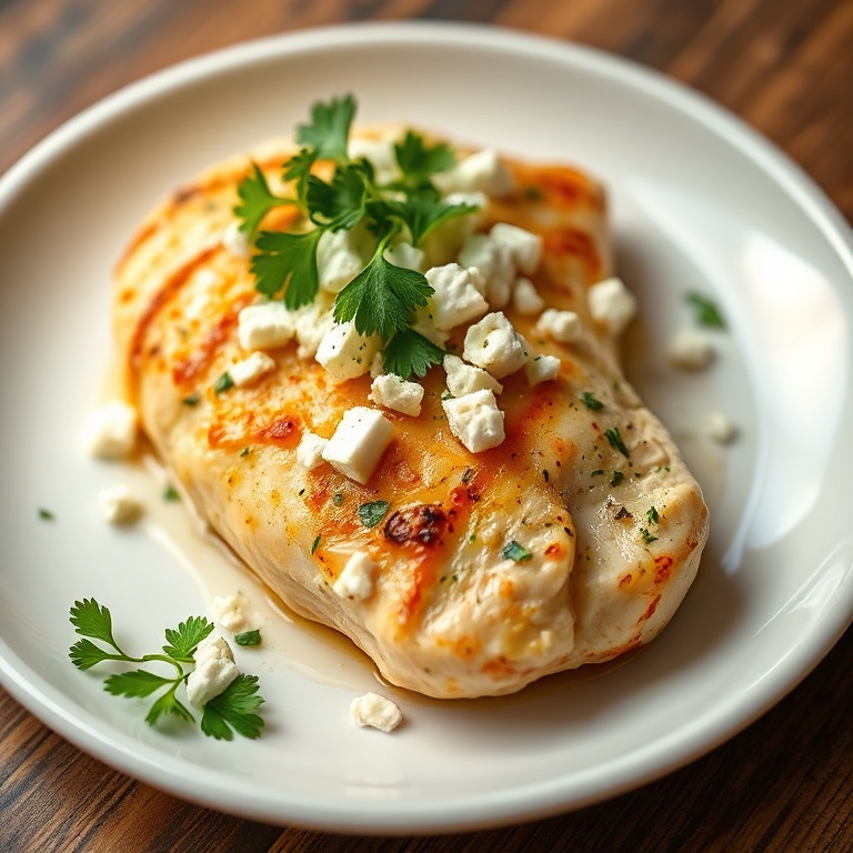 Plated chicken with lemon and feta, topped with fresh parsley on a white ceramic plate