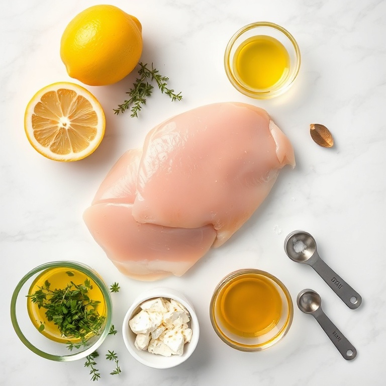Fresh chicken breast, lemon, feta cheese, olive oil, oregano, garlic, and salt arranged in a flat lay