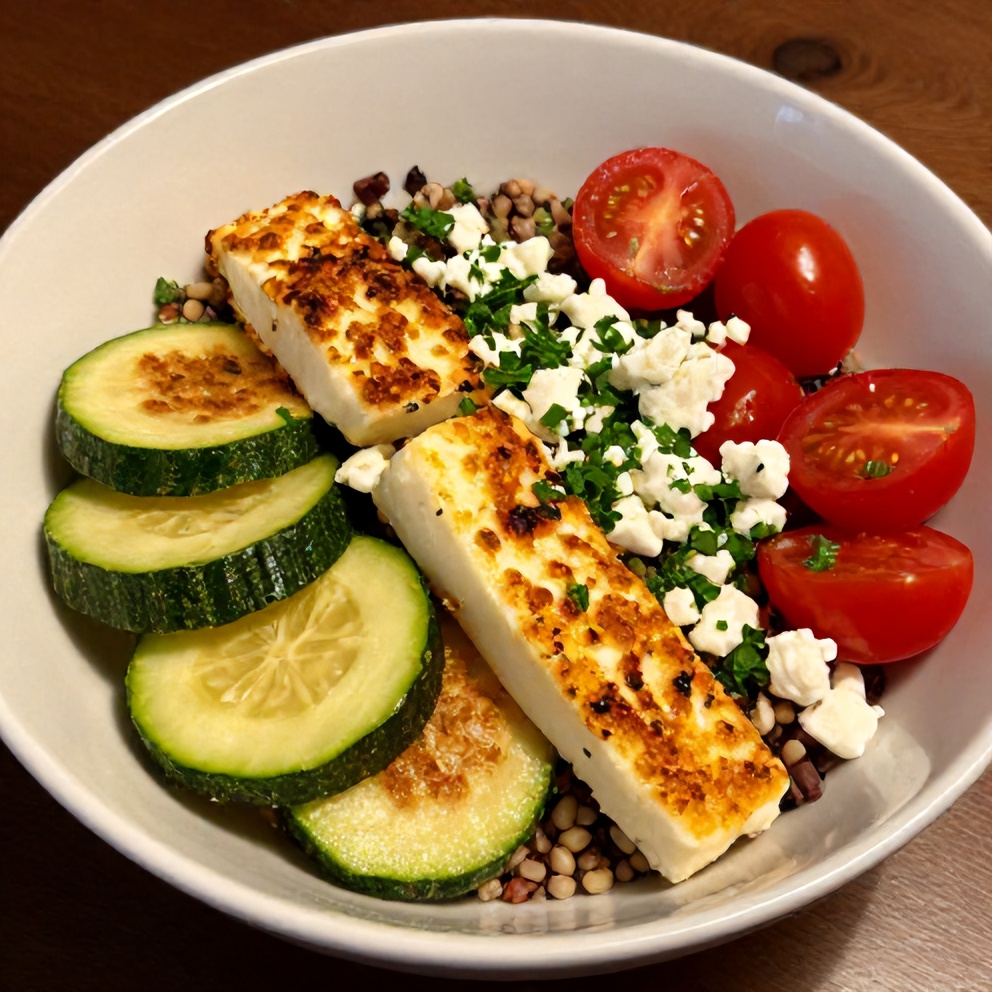 Greek Grain Bowl with Halloumi and Zucchini Crisps