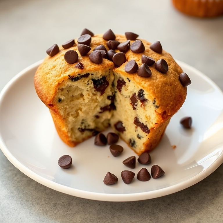 One Greek yogurt chocolate chip muffin on a white plate, sprinkled with additional mini chocolate chips, showing moist interior and golden top.