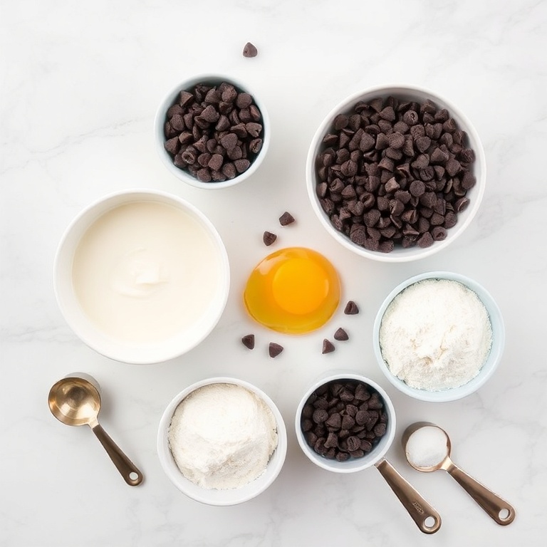 Overhead shot of all ingredients for Greek yogurt chocolate chip muffins, including Greek yogurt, chocolate chips, eggs, flour, and sugar in prep bowls.