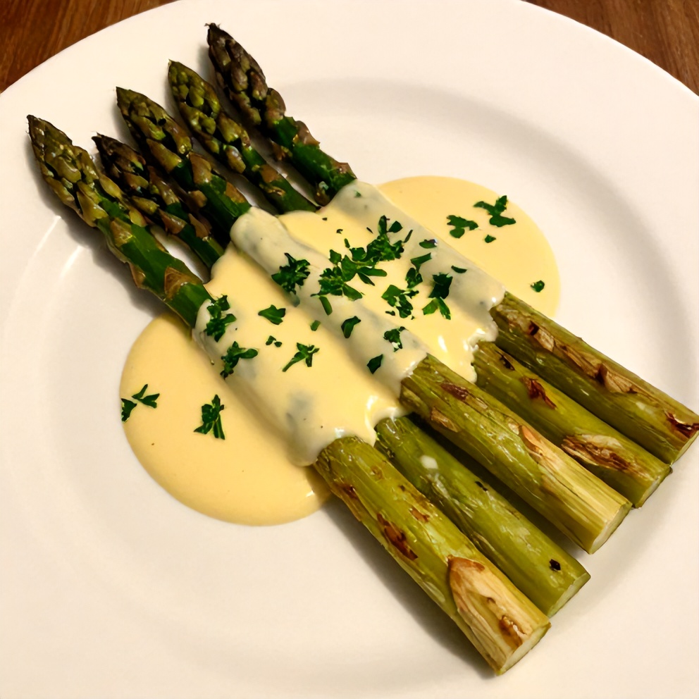 Plated grilled asparagus with tahini lemon sauce