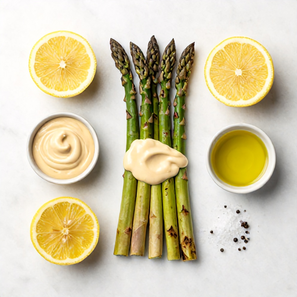 Raw ingredients for grilled asparagus with tahini lemon sauce