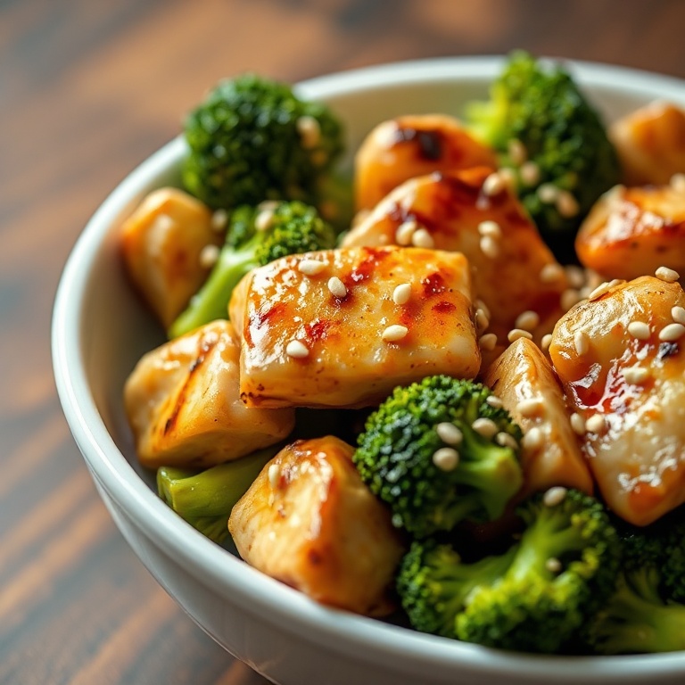 Grilled chicken and broccoli bowls with garlic sauce. Garnished with sesame seeds. Close crop of a white ceramic bowl. Warm lighting. Photorealistic food photography.