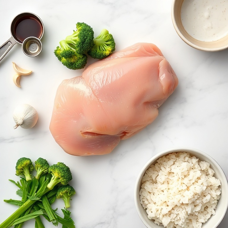 Raw chicken, broccoli, garlic, soy sauce, rice. Overhead flat lay. Measuring spoons and bowls visible. White marble surface. Bright even light. Photorealistic food photography.