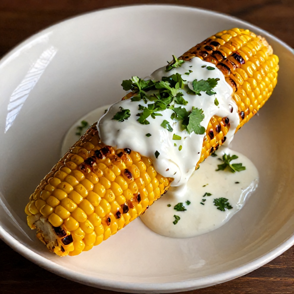 Plated grilled corn on the cob with chili lime yogurt sauce and chopped cilantro