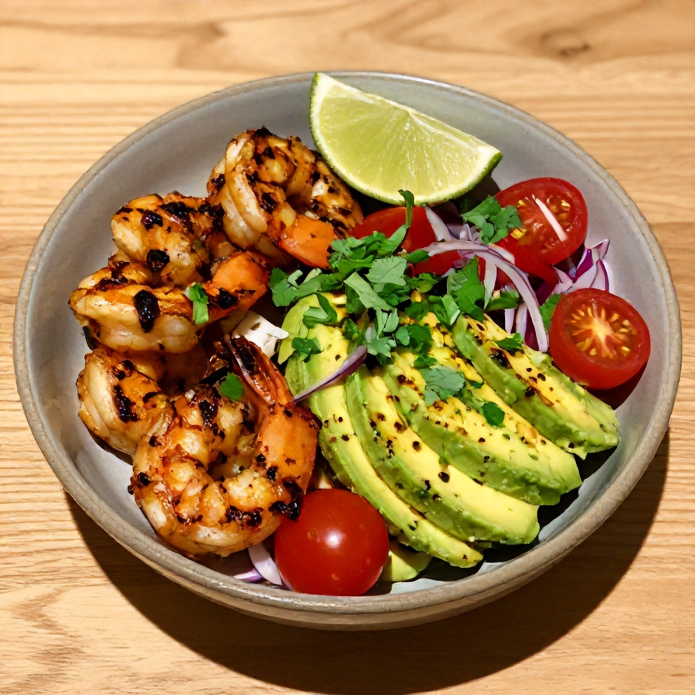 Grilled Shrimp and Avocado Bowl with lime wedge and cilantro garnish