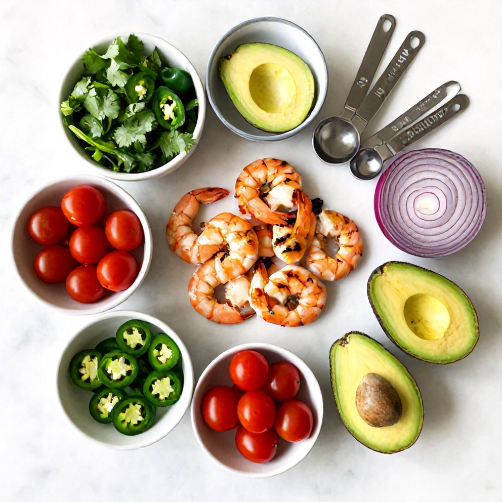 Raw ingredients for Grilled Shrimp and Avocado Bowl on a marble surface