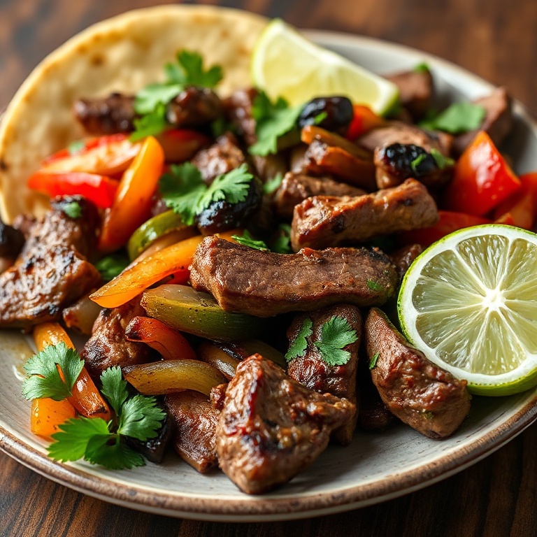 Plated grilled steak fajitas. Sliced steak, peppers, onions, and tortillas. Garnished with cilantro and lime. Close crop showing texture.