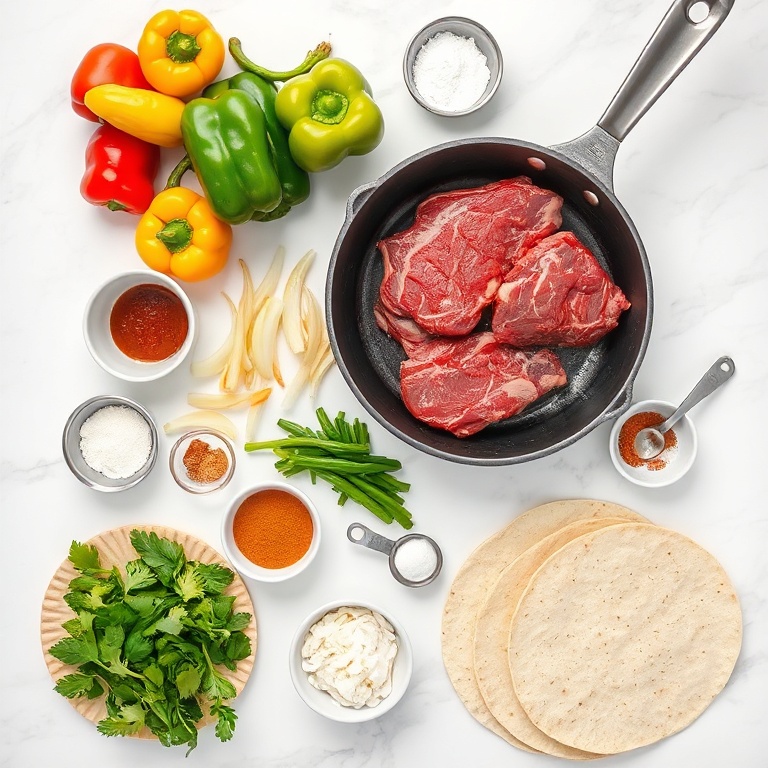 Raw ingredients for grilled steak fajitas. Skillet, steak, bell peppers, onions, tortillas, and spices arranged in a flat lay.