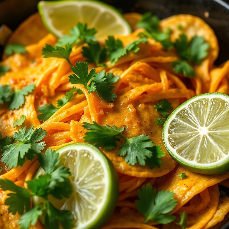Golden taco skillet topped with fresh cilantro and lime slices