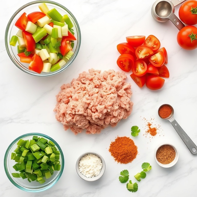 Raw ground turkey, bell peppers, onions, tomatoes, and taco seasoning in a flat lay
